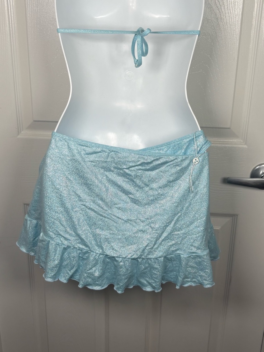 Frankie's Bikinis Light Blue Metallic Halter Bikini with Ruffle Skirt B22 - Picture 3 of 11